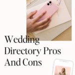 Promotional graphic for a podcast episode titled "Should You Advertise in Wedding Directories: Pros and Cons," featuring a female hand holding a pink smartphone above a notebook, with headphones nearby.