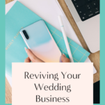 A woman feeling stuck in her wedding business holds a laptop with the words reviving your wedding business.