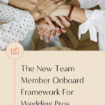 Top view of a diverse group of hands stacked together, a symbol for teamwork, featured on a professional guide to onboard new team members for wedding professionals.