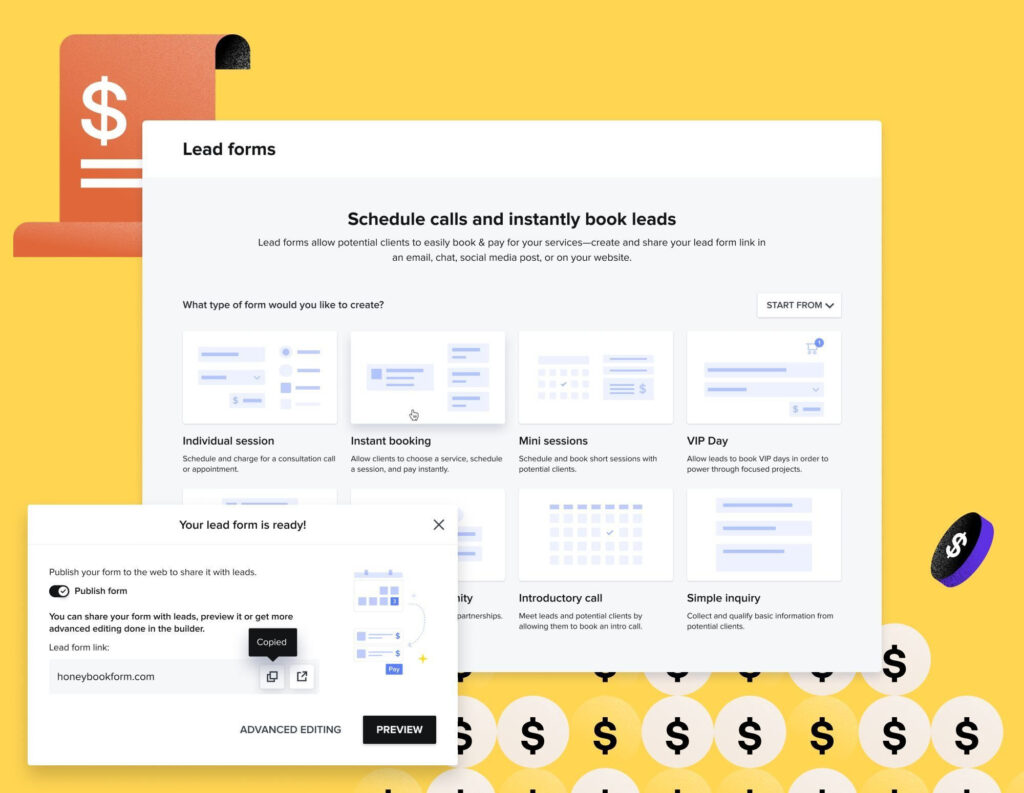 A lucrative landing page showcasing heaps of money, enticing potential users to evaluate the value and pricing of HoneyBook through reviews.