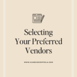 Graphic poster titled "Selecting Your Preferred Wedding Vendor List" with a simple radio icon, featuring a neutral color palette and website link www.candicecoppola.com at the bottom.