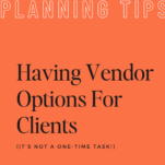 Text poster with tips on event planning, titled "Preferred Wedding Vendor List for Clients", emphasizing its recurrent nature, on an orange background. URL at bottom.