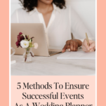 A smiling woman using a laptop with a notepad, pen, and flowers on her desk, with text about avoiding scope creep for successful event planning as a wedding planner.