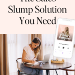 Woman sitting at a table, working on a laptop with a podcast promotional graphic on the screen, featuring the text "the power in purpose podcast - the wedding industry sales slump solution you need.