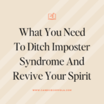 Promotional graphic with text "what you need to ditch imposter syndrome in the wedding industry and revive your spirit" on a beige striped background, with a website link at the bottom.