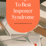 A graphic with text "7 tips to beat imposter syndrome in the wedding industry" on a coral background, featuring a laptop, a notebook, and scattered photographs.