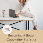 Woman in a white outfit working on a laptop at a modern desk with educational text about "What Wedding Couples Want" for improving copywriting for a wedding business.