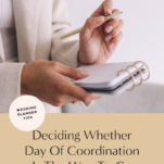 A woman is contemplating whether day of coordination is the way to go as she writes in her notebook.
