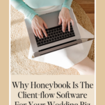 A person using a laptop on the floor with a promotional blog image comparing Honeybook vs. Quickbooks, visible on the laptop screen.