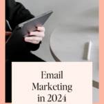 Person holding a tablet next to a table with a stylus, with text overlay "Email Marketing in 2024: Flodesk vs. Mailchimp" and a website link at the bottom.