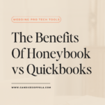 Promotional graphic comparing "Honeybook vs. Quickbooks" for wedding professionals, with the URL 'www.candicecoppola.com' at the bottom.