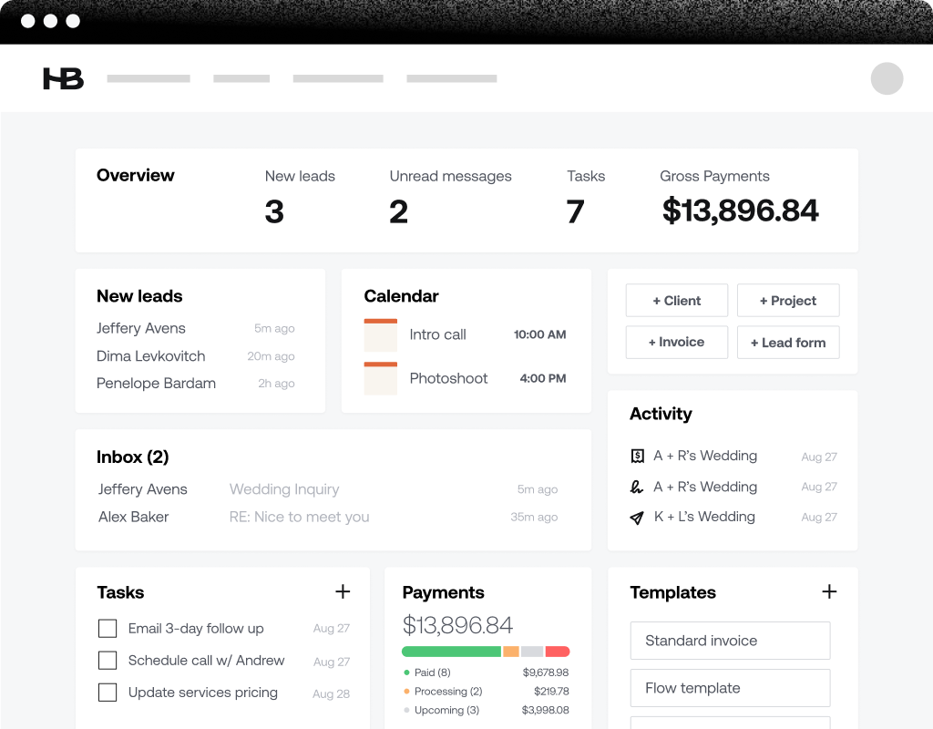 A screen shot of the Honeybook dashboard, providing a glimpse into its features and usability.