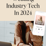 A person types on a laptop at a desk, with a promotional image for "The Power in Purpose" podcast episode titled "Wedding Industry Tech in 2024," featuring Steven Greitzer, displayed on a smartphone screen in the foreground.