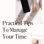 Promotional image featuring a notepad, smartphone, and pens with text about managing time by Anna Dearmon Kornick and a podcast advertisement.