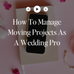 Digital device displaying an e-book titled "how to manage moving projects as a wedding pro" by Anna Dearmon Kornick on a pink background with scattered floral petals and a pencil.