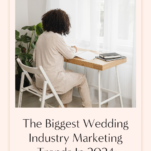 Woman writing in notebook at desk by window with text overlay about wedding industry marketing trends in 2024.
