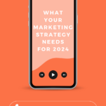 Smartphone displaying a podcast episode titled "Wedding Industry Marketing Trends for 2024" on an orange background.