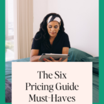 Woman sitting on a bed using a tablet with a text overlay titled "the six wedding planner pricing guide must-haves" and the website "www.candicecoppola.com