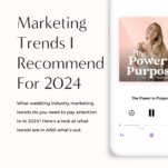 Smartphone displaying a podcast episode titled "wedding industry marketing trends I recommend for 2024" with a play button and various app icons.