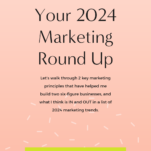Promotional graphic for a marketing round-up podcast highlighting key principles for building six-figure businesses in the wedding industry, with a focus on 2024 marketing trends.