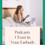 Woman sitting on a couch with a laptop, listening to wedding planner podcasts with earbuds.