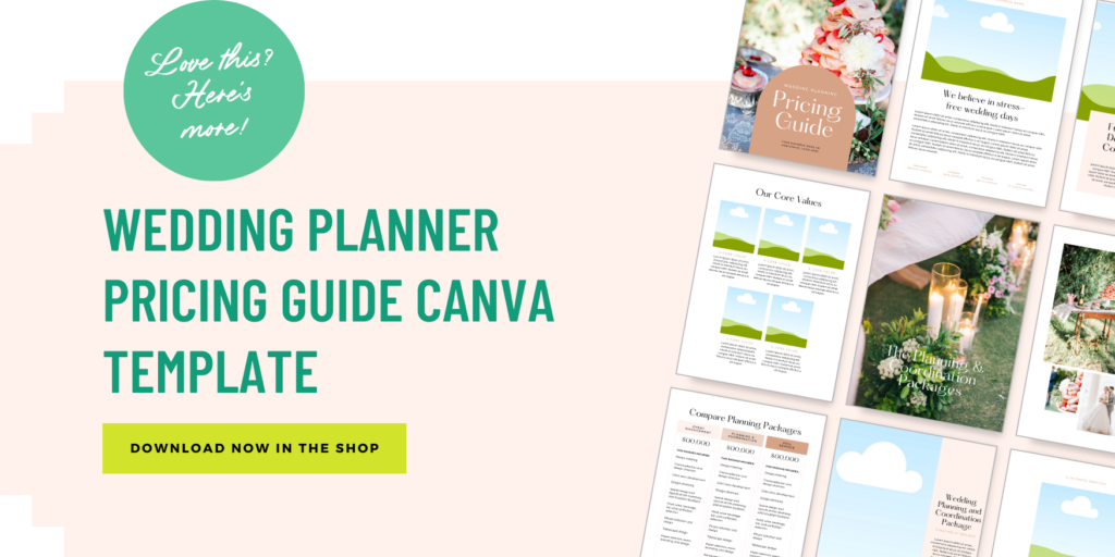 A promotional graphic for a Wedding Planner Pricing Guide Canva template available for download.