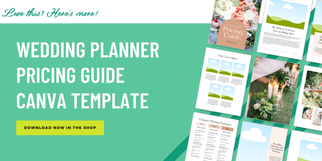 Promotional graphic for a Wedding Planner Pricing Guide Canva template, available for download.