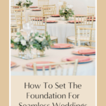 Elegant wedding reception setup included in your wedding planner process, with neatly arranged tables, floral centerpieces, and peach-colored accents.