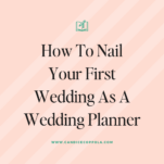 Graphic featuring text "how to prepare for your first wedding as a wedding planner" on a pink striped background with a website url at the bottom.
