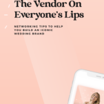 Smartphone displaying a podcast episode titled "how to become the vendor on everyone's lips" with networking tips for building an iconic wedding brand by Carin Hunt.