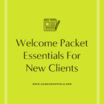 A lime green infographic titled "new client welcome packet essentials" with a radio icon, framed within double borders.