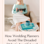 Woman sitting on a couch using a tablet with a blog post titled "how wedding planners use the new client welcome packet to avoid the dreaded 'what’s next?' email" displayed.