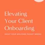 Promotional graphic for wedding planners titled "elevating your client onboarding" with tips from candicecoppola.com, featuring a new client welcome packet, displayed in a bold, simple design