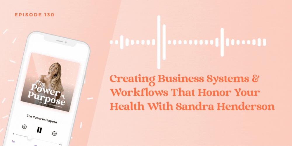 A podcast episode titled 'Creating Business Systems & Workflows That Honor Your Health With Sandra Henderson,' featuring an image of the podcast playing on a smartphone screen displayed on the left.