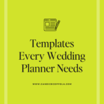 Bright green graphic with two thin frames, featuring a small icon of a website and pencil above the text: "Wedding Planner Templates Every Professional Needs." Website listed at the bottom.