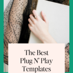 A person in a sheer black polka-dot sleeve top holds a white board. Text reads: "The Best Plug N' Play Wedding Planner Templates (Great for New Wedding Planners!)." Website: www.candicecoppola.com.