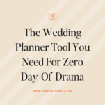 Text reads: "The Wedding Planner Tool You Need For Zero Day-Of Drama" with a website URL below. Background has diagonal stripes and includes a small icon at the top, alongside a sleek wedding day binder for ultimate organization.
