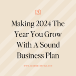 Text reads "Write a Business Plan in 2024 and Make It the Year You Grow" with a small icon of an open book above and a website URL www.candicecoppola.com below. The background is light with diagonal stripes.