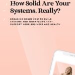 A podcast cover titled "How Solid Are Your Systems, Really?" with a subtitle "Breaking down how to build business systems and workflows that support your business and health." An episode numbered 130 is visible. An image of a phone displaying "The Power in Purpose" podcast is present.
