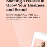 Podcast episode cover titled 'Starting a Podcast to Grow Your Business and Brand.' Subtext: Breaking down the essentials of starting a podcast and expanding your business. Includes a phone displaying 'The Power in Purpose.'