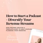 A podcast episode titled "How to Start a Podcast + Diversify Your Revenue Streams" featuring Desiree on "The Power in Purpose." The episode delves into starting a podcast and creating a template shop for wedding planning couples.