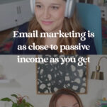 Two women engaged in a video call about email marketing and nurture sequences, with text stating, "Email marketing is as close to passive income as you get" and "The Power in Purpose EP #136.