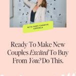 A woman sips from her mug, standing by a wall adorned with papers. Text reads, "Ready to make new couples excited to buy from you? Streamline your sales process." and "With host Candice Coppola.