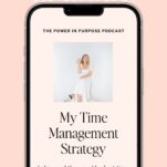 A smartphone showcases a podcast titled "My Time Management Strategy," featuring an image of a woman in a white outfit. Ideal for wedding pros seeking refined time management tips, the background is a soft, inviting light pink.