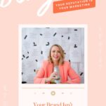 A woman in a pink blazer sits at a desk with a microphone, smiling. Text reads: "Your Brand Isn’t What You Say It Is… It’s what people say. Let’s Talk About It." Background has "binge it" and episode details.