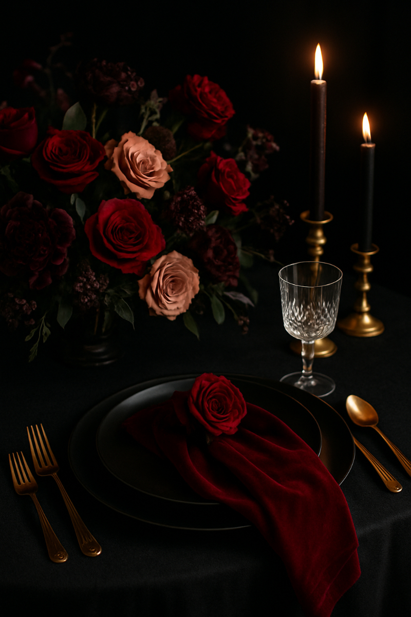 A moody tablescape styled with dark romantic wedding decor, featuring deep red and blush roses, black candles in brass holders, crystal glassware, and a velvet napkin topped with a single rose on matte black plates.