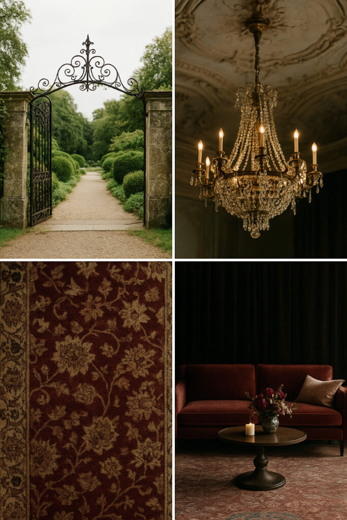 Collage of architectural and interior inspirations for dark romantic wedding decor, with an ornate wrought iron garden gate, a grand crystal chandelier, a richly patterned red tapestry rug, and a velvet lounge seating vignette.