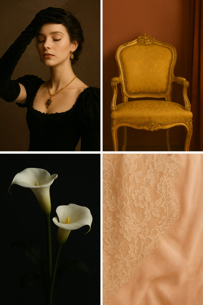Editorial-style collage representing dark romantic wedding decor inspiration, including a woman in velvet gloves with gold jewelry, an ornate golden chair, white calla lilies against a black background, and blush lace fabric.