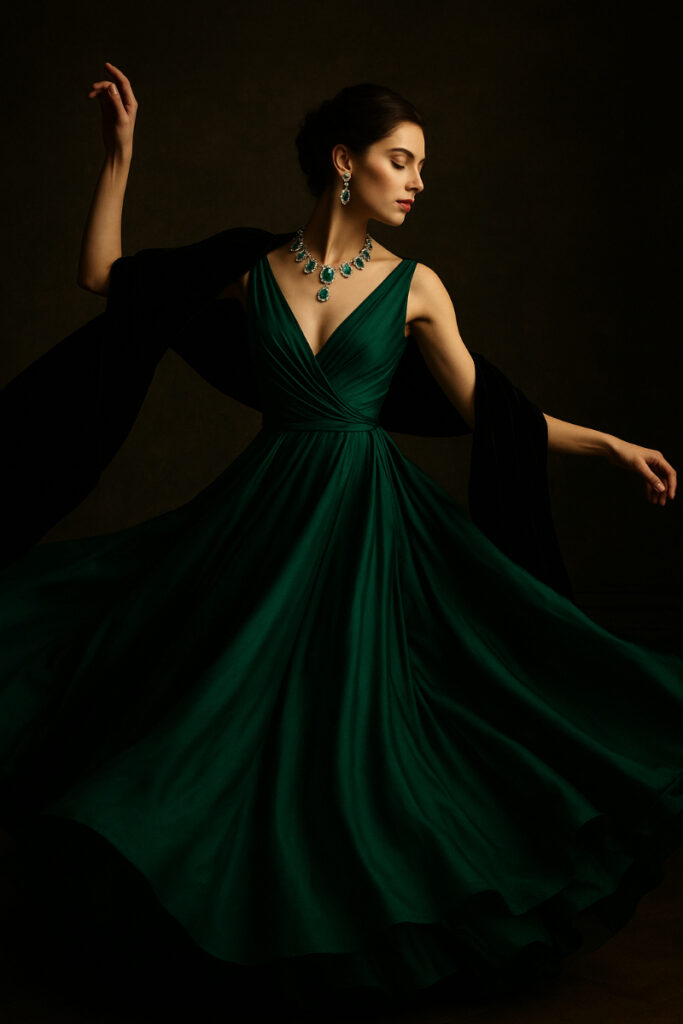 A couture fashion editorial moment, with a woman in an emerald green gown adorned with statement jewelry, swirling fabric in dramatic lighting, and a velvet wrap draped elegantly over her arms.