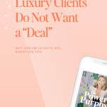 A smartphone displays a podcast titled "The Power in Purpose" on a peach background with the text, "Luxury Clients Do Not Want a 'Deal'," highlighting insights into high-end wedding clients and luxury weddings.